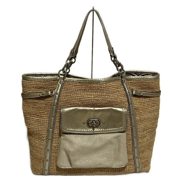 Auth COACH - 16886 Beige Gold Straw Leather Canvas Tote Bag - Picture 2 of 9